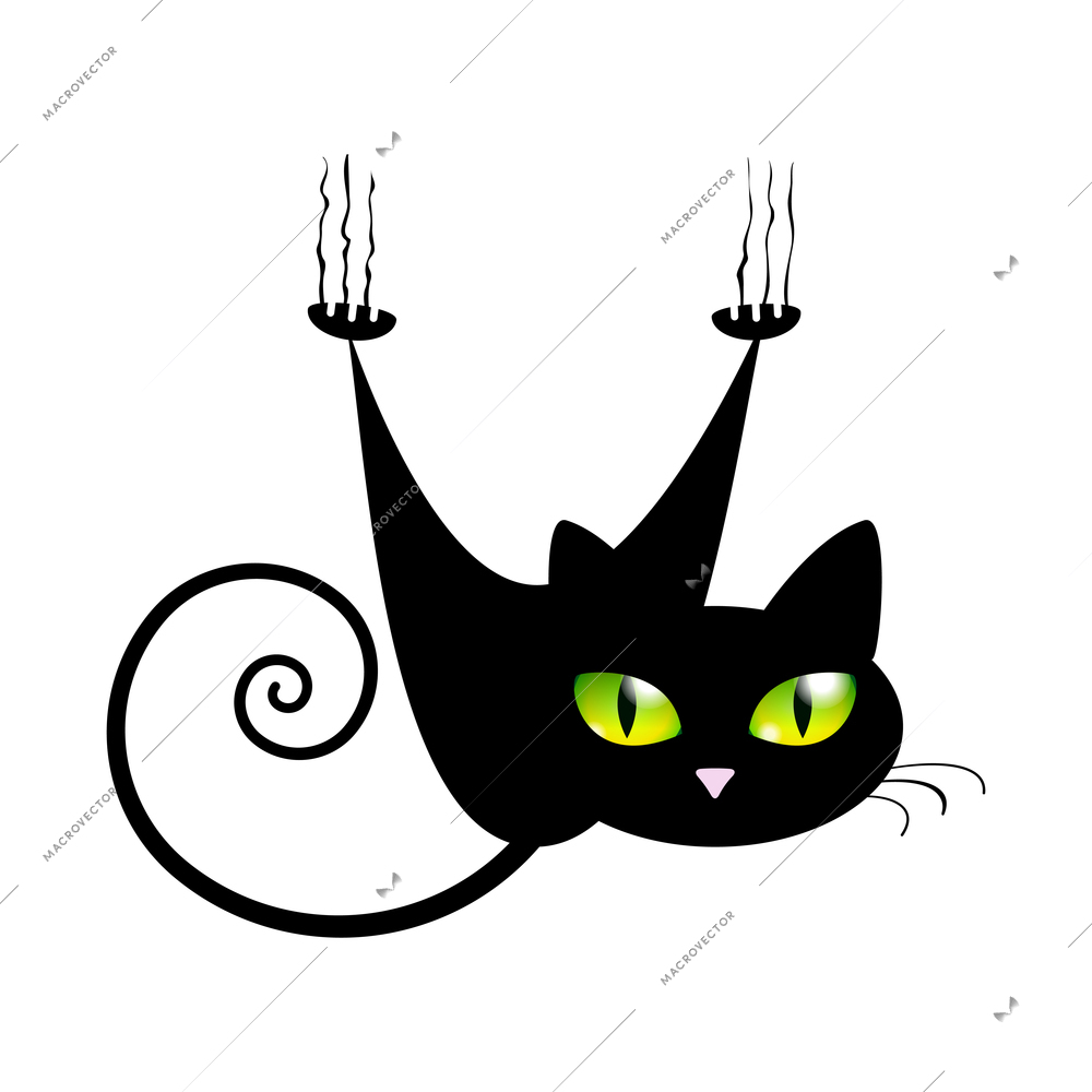 Black Cat with Green Eyes Vector Illustration