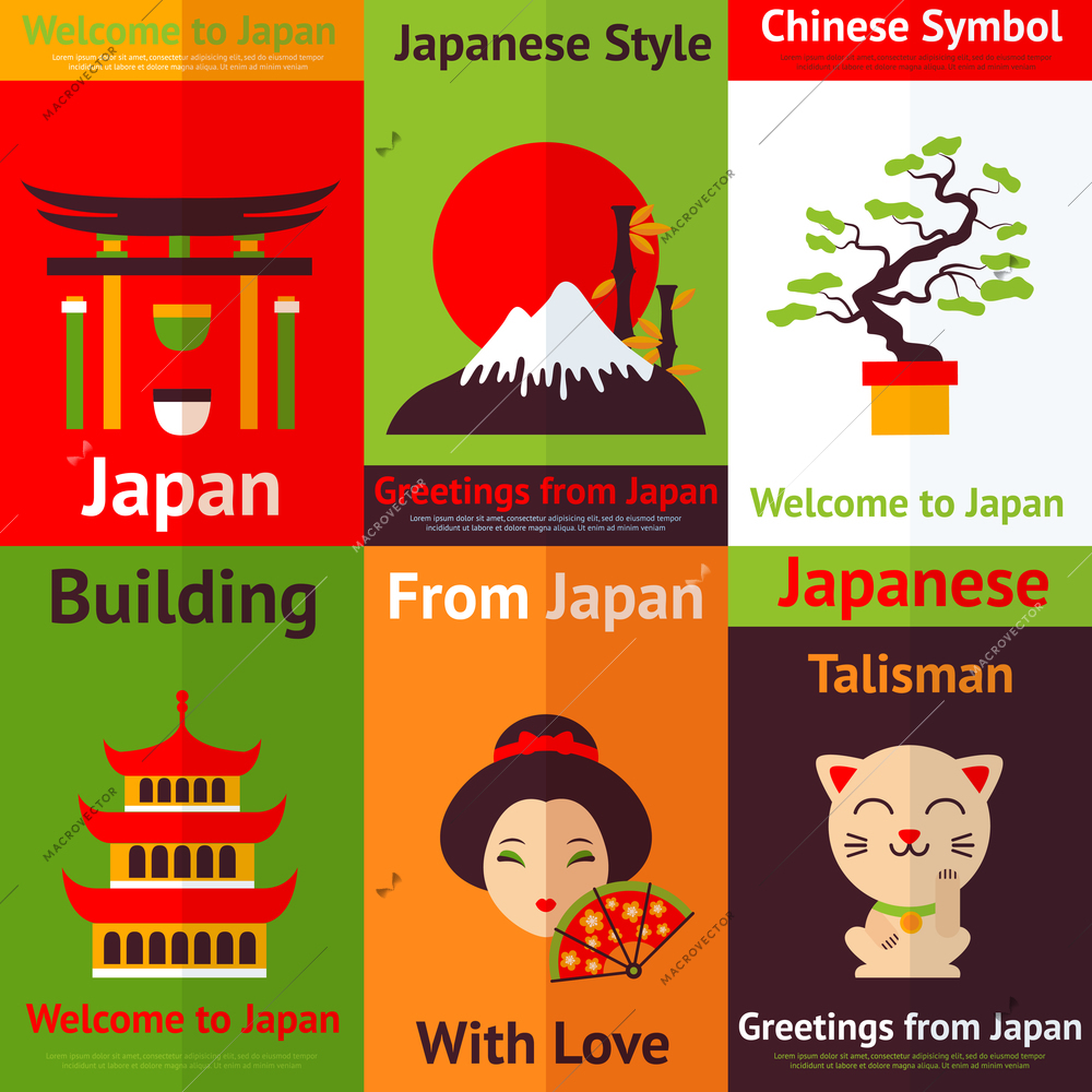 Japan travel and culture retro mini posters set isolated vector illustration