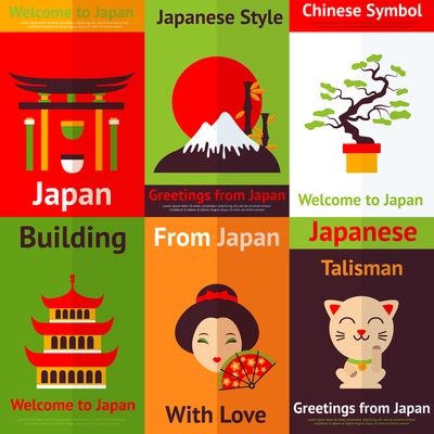 Japan travel and culture retro mini posters set isolated vector illustration