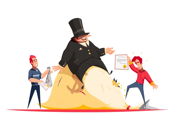 Microstock royalties concept with caricature businessman sitting on heap of money vector illustration