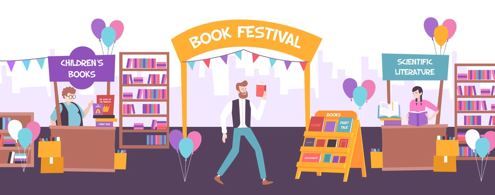 Book festival composition with cityscape silhouette background and bookfair booth stalls bookcases and doodle human characters vector illustration