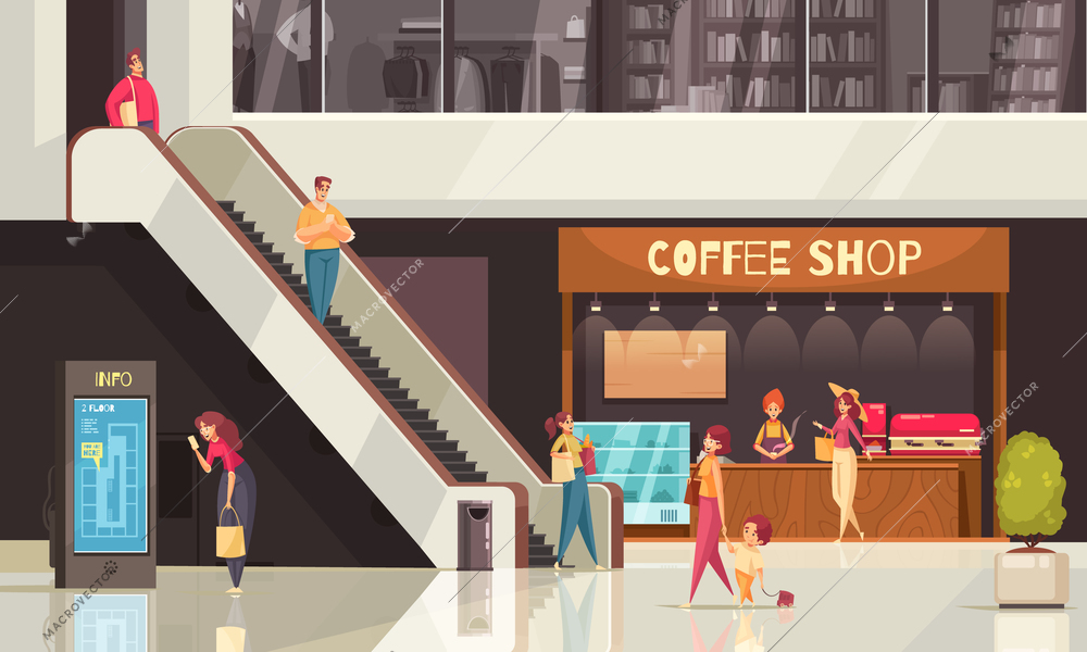 Colored flat shopping escalator composition with coffee shop and other shops around vector illustration