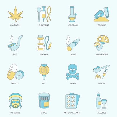 Abuse addictive poison drugs antidepressant icons flat line set isolated vector illustration