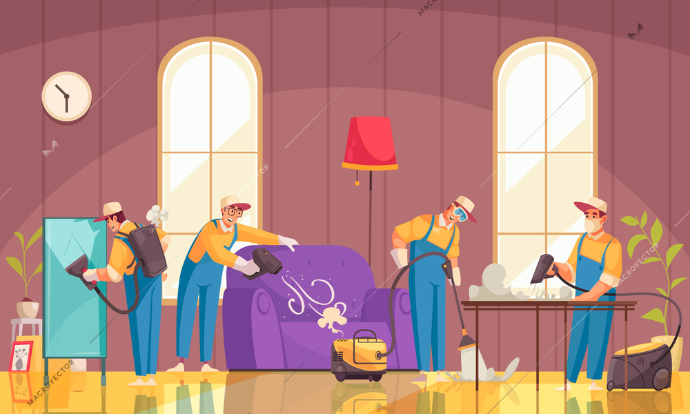 Cleaning composition with flat characters of cleaners in uniform working in domestic scenery with luxury furniture vector illustration