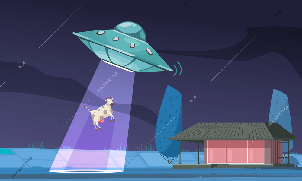 Alien ufo cow composition with outdoor night view of field and ufo light ray abducting cow vector illustration