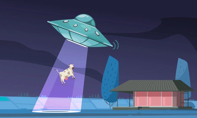 Alien ufo cow composition with outdoor night view of field and ufo light ray abducting cow vector illustration