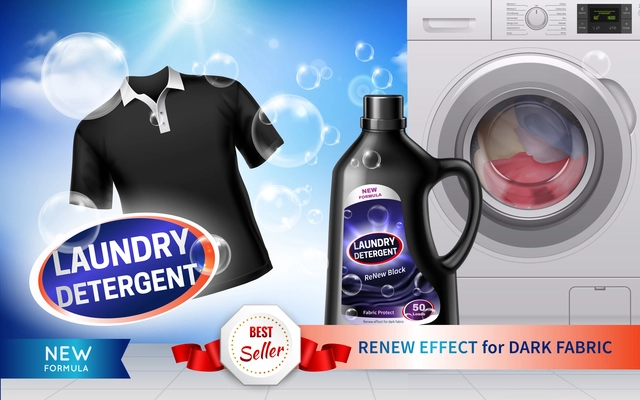 Realistic horizontal laundry detergent banner with renew effect for dark fabric description vector illustration