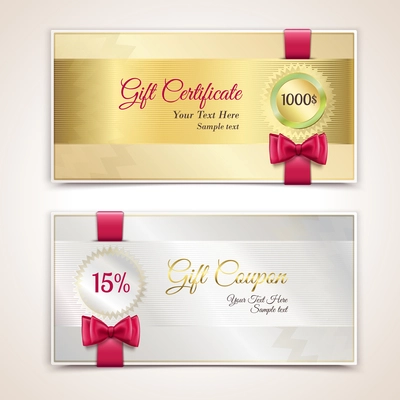 Gift cardboard paper holiday certificate set with red bows and ribbons vector illustration