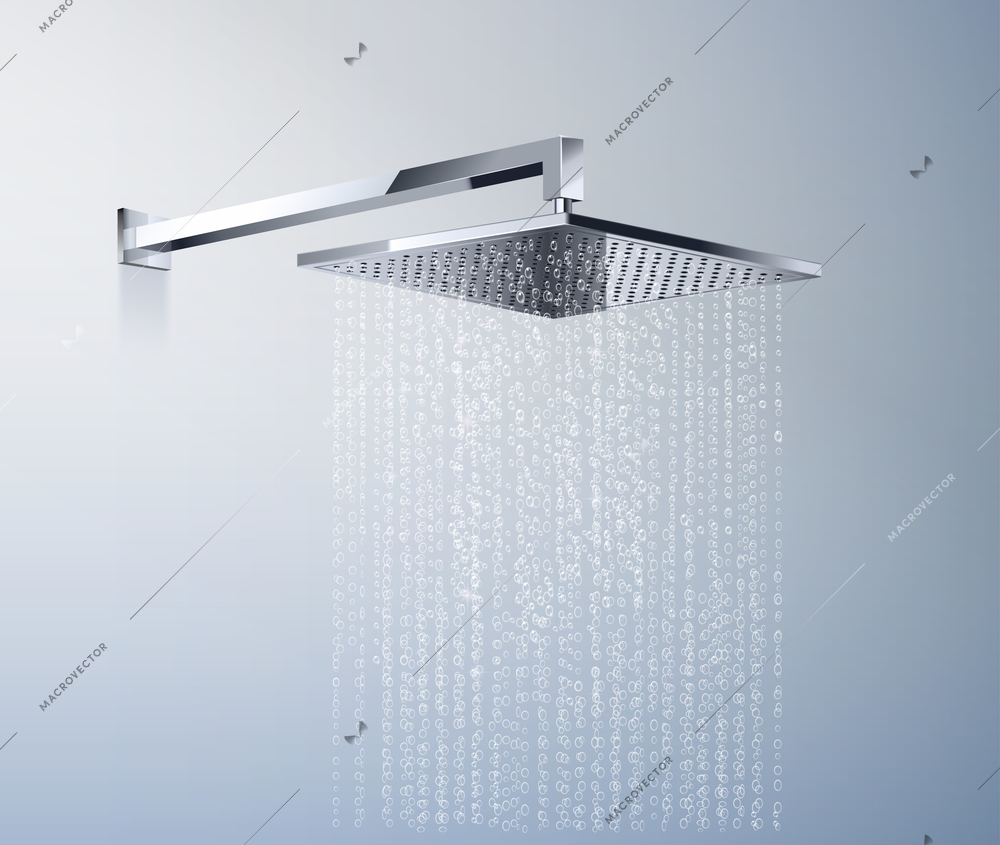 Modern glossy metallic rectangular shower head with running water realistic design concept vector illustration