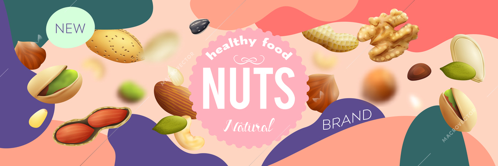 Realistic poster with various natural nuts on colorful background vector illustration