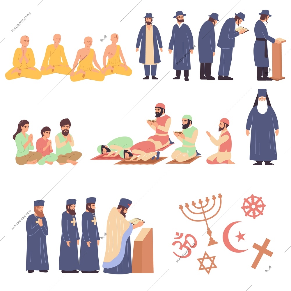 World religions flat set of representatives of different faiths so as orthodoxy buddhism  judaism hinduism islam catholic isolated vector illustration