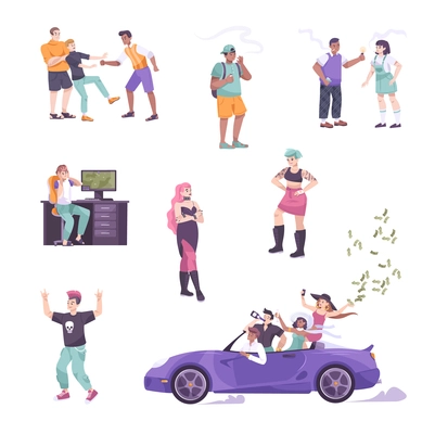 Troubled teens set of isolated icons with teenage characters in hanging out smoking and fighting situations vector illustration