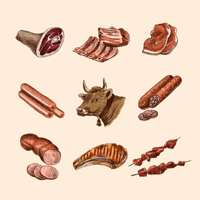 Meat food decorative icons set of chop steak slices colored sketch isolated vector illustration