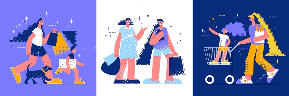 Shopping design concept with set of three square compositions with doodle human characters and shop bags vector illustration