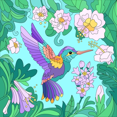 Tropical bird square colored composition with flat image of bird surrounded by exotic leaves and flowers vector illustration