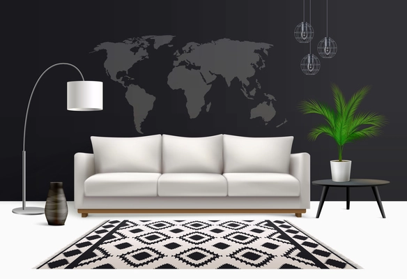 Interior realistic composition with white sofa lamp and pot flower with world map wallpaper and carpet vector illustration