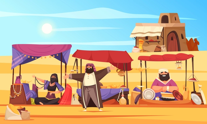 Arabic marketplace with trade awnings and eastern sellers at sandy desert background cartoon vector illustration