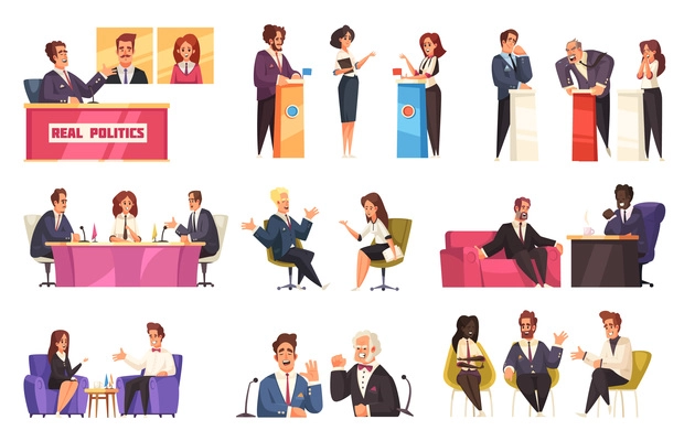 Colored cartoon collection of participants in various talk show isolated on white background vector illustration