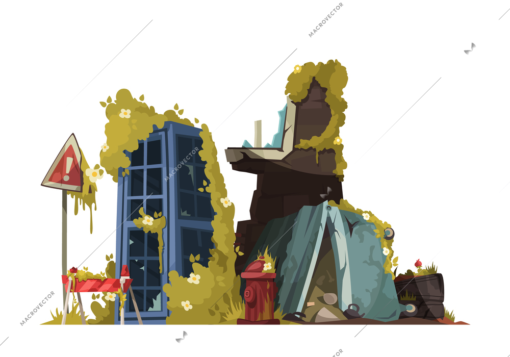 Post apocalypse design concept with wreckage of building  and fence with danger sign near surviving telephone box cartoon vector illustration