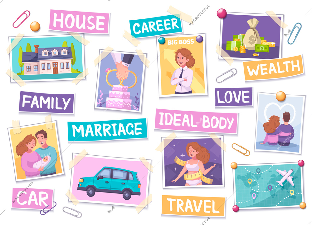 Vision board cartoon set with ideal body symbols isolated vector illustration