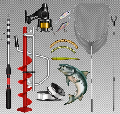 Fishing equipment realistic transparent set with isolated images of ice breaker drill rods hooks and fish vector illustration