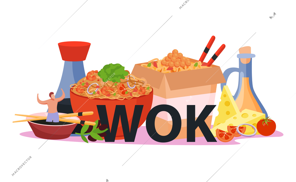 Wok box flat composition with images of asian fast food meal with noodles and soy sauce vector illustration