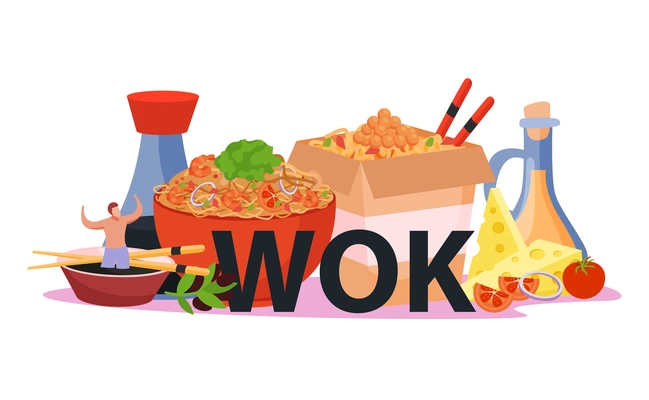 Wok box flat composition with images of asian fast food meal with noodles and soy sauce vector illustration