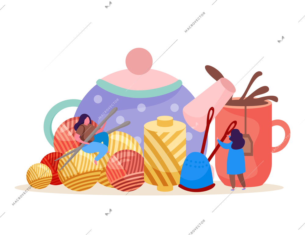 Knitting flat background with images of teapot with cup small doodle human characters clews and needles vector illustration