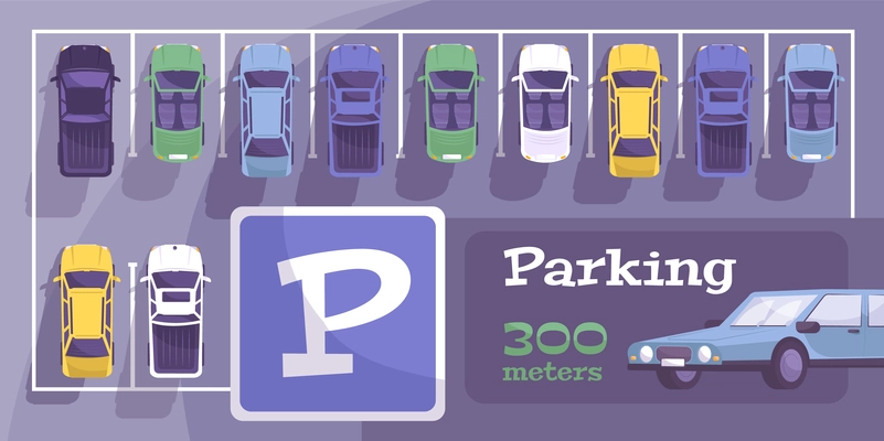 Parking advertising banner with flat top view images of parked cars with road sign and text vector illustration