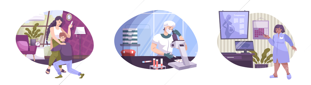 In vitro fertilization set of flat compositions with characters of gynecologist doctor laboratory scientist and parents vector illustration