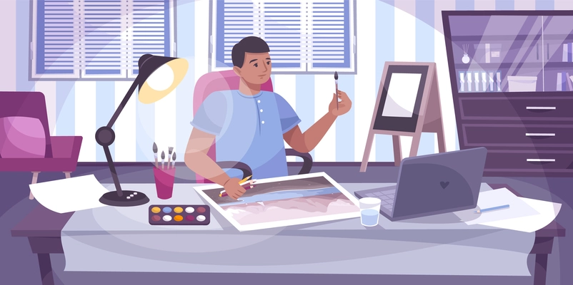 Drawing lessons online flat composition with view of domestic working place with painting guy and laptop vector illustration