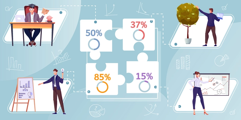 Investment infographics with puzzle pieces percentage graphs and doodle human characters with icons of bar charts vector illustration