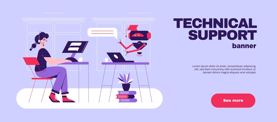 Artificial intelligence chatbot technical support software flat horizontal website banner with robot answering customer questions vector illustration