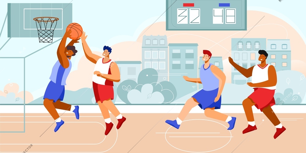 Basketball stadium player composition with outdoor scenery with cityscape and doodle characters of athletes playing hoops vector illustration