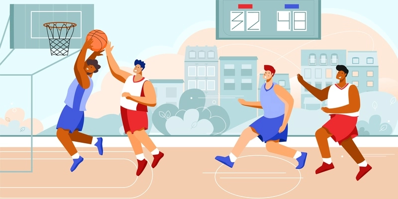 Basketball stadium player composition with outdoor scenery with cityscape and doodle characters of athletes playing hoops vector illustration