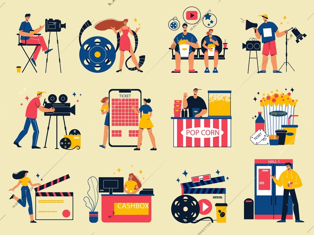 Cinema color set with isolated characters of movie makers visitors popcorn and images of filming equipment vector illustration