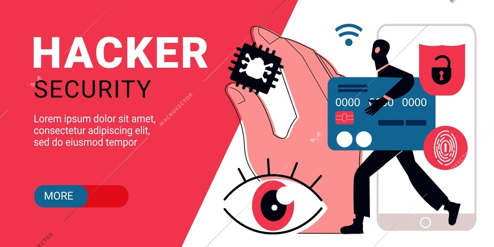 Hacker security flat horizontal banner with criminal wearing black mask and carrying credit card vector illustration