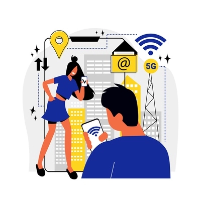 5g internet composition with people smartphone and communication tower flat vector illustration