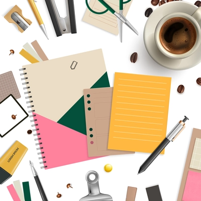 Office items seamless pattern with coffee scissors and pen realistic vector illustration