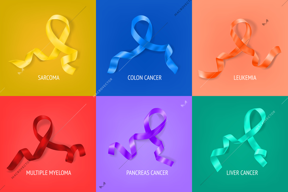 All cancer support awareness concept 6 colorful ribbons backgrounds compositions with sarcoma leukemia multiple myeloma vector illustration