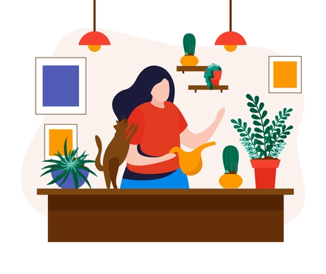 Home garden concept design with houseplants on table  flat vector illustration