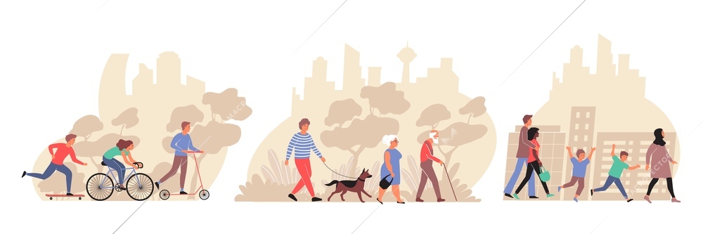 People of different ages walking in city park and streets flat compositions isolated vector illustration