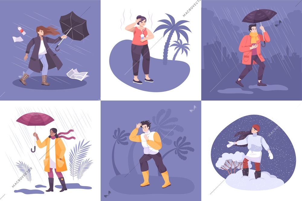 Weather design concept with set of square compositions with people coping with seasonal and climate conditions vector illustration