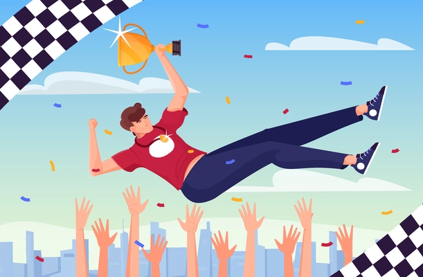 Winner thrown flat composition with checkered flags and human hands throwing happy man holding golden cup vector illustration