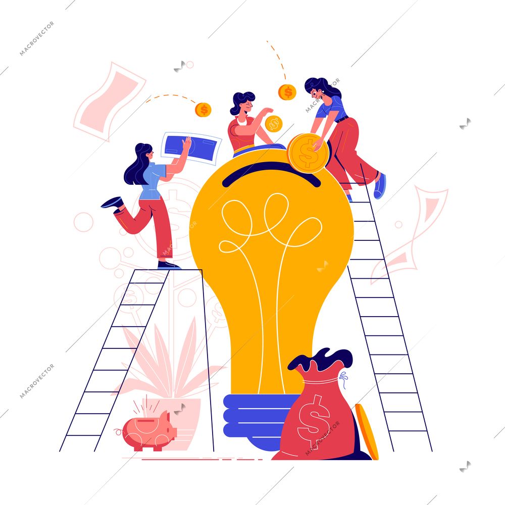 Crowdfunding crowd sourcing symbols flat composition with creative startup fundraising idea light bulb money box vector illustration