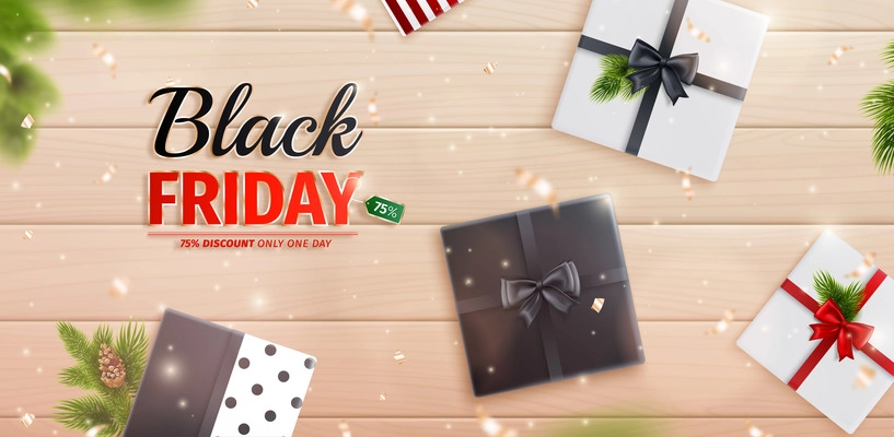 Black friday and cyber monday sale poster with Christmas gifts and decoration vector illustration