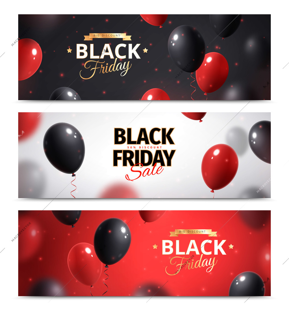 Black friday and cyber monday horizontal banner set with black and red air balloons isolated vector illustration