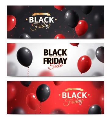 Black friday and cyber monday horizontal banner set with black and red air balloons isolated vector illustration