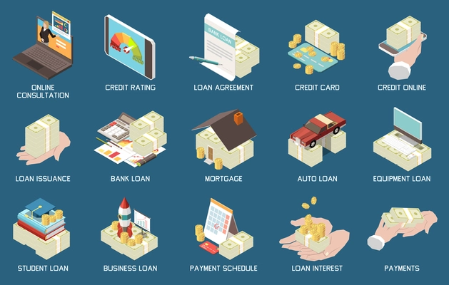 Bank loan credit score evaluation online consultation rating agreement payment schedule isometric icons set background vector illustration