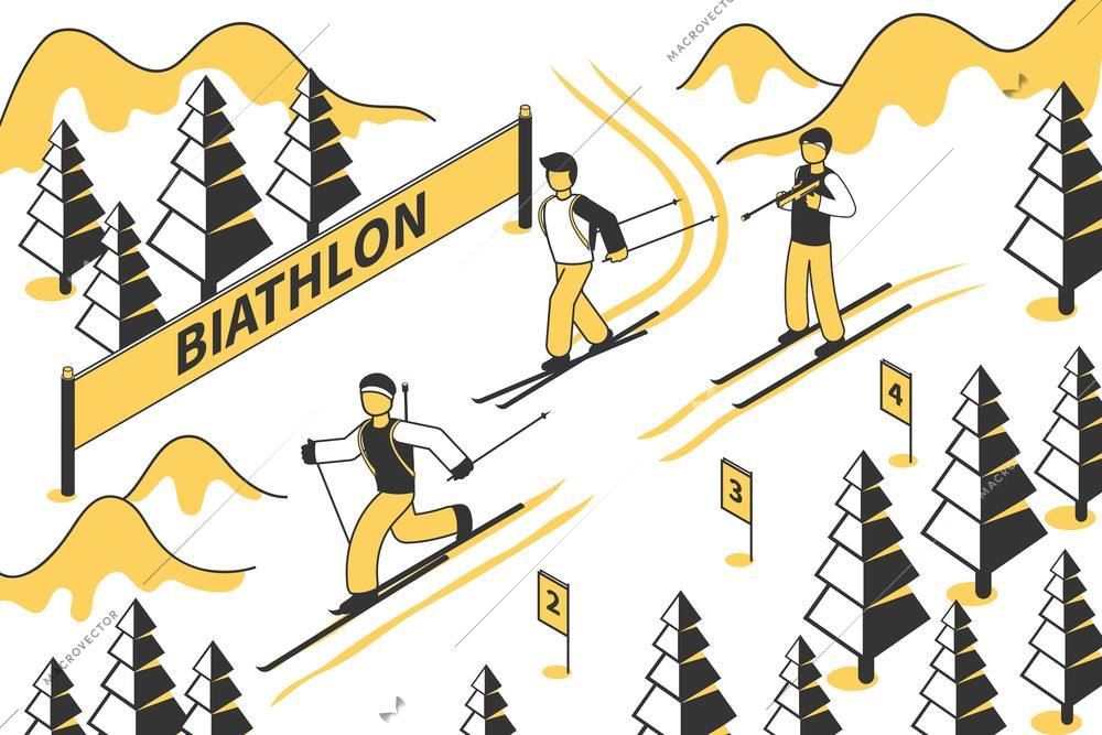 Biathlon competition with three biathlonists going down hill 3d isometric vector illustration